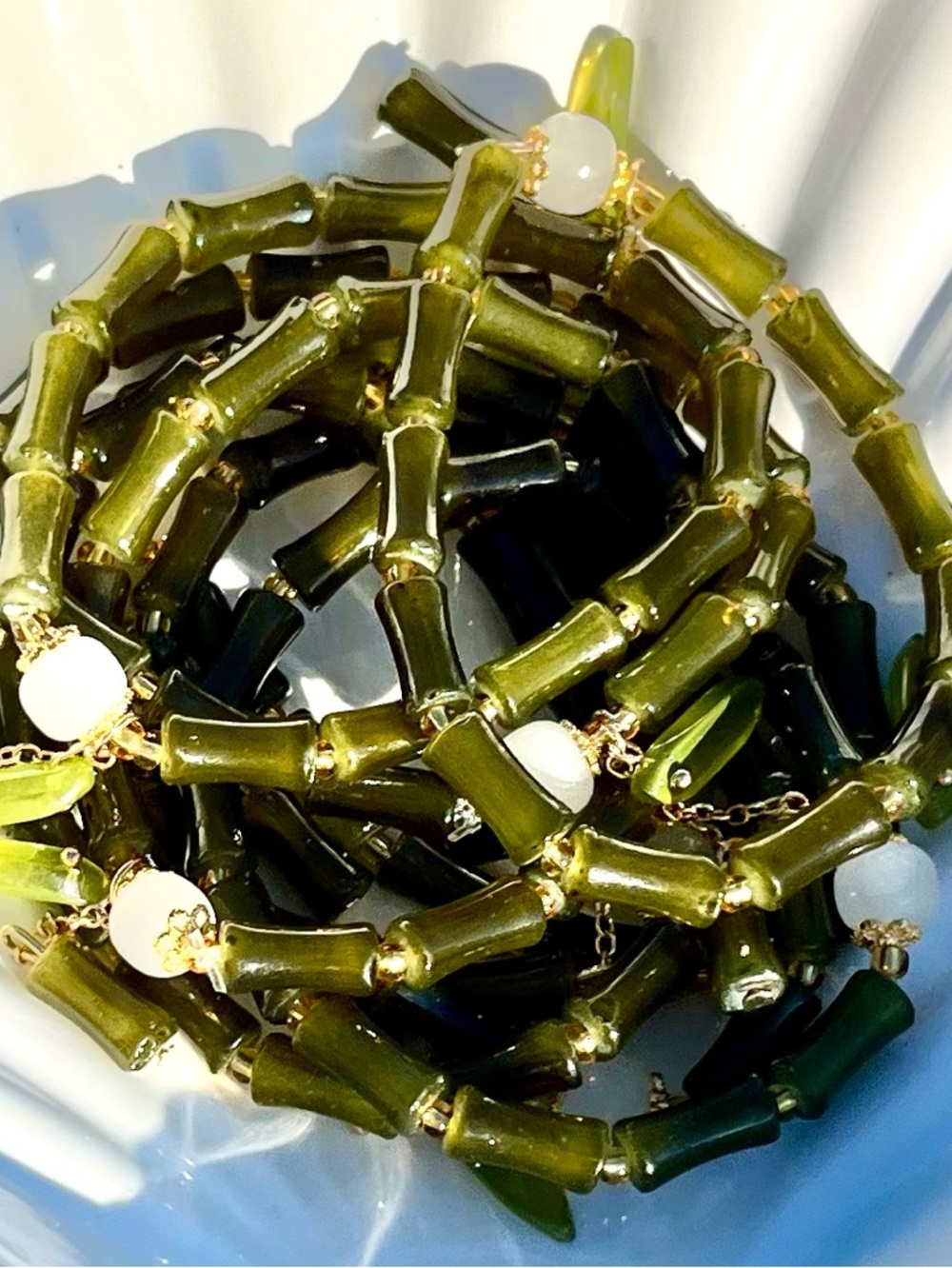 Olive Green Bamboo Beaded Bracelet With Leaf & Bamboo Charms NWOT